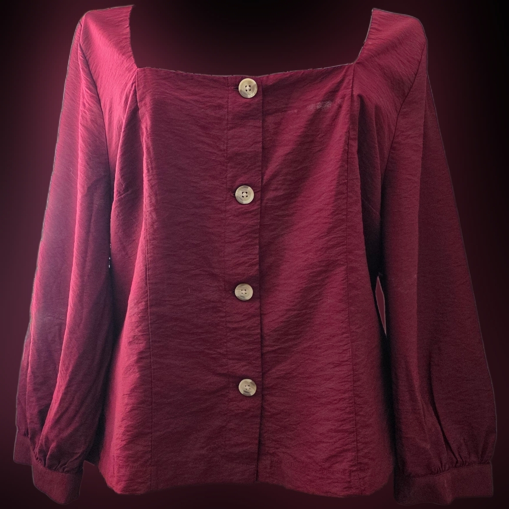 Elegant Burgundy Button-Up Women's Top Size Large